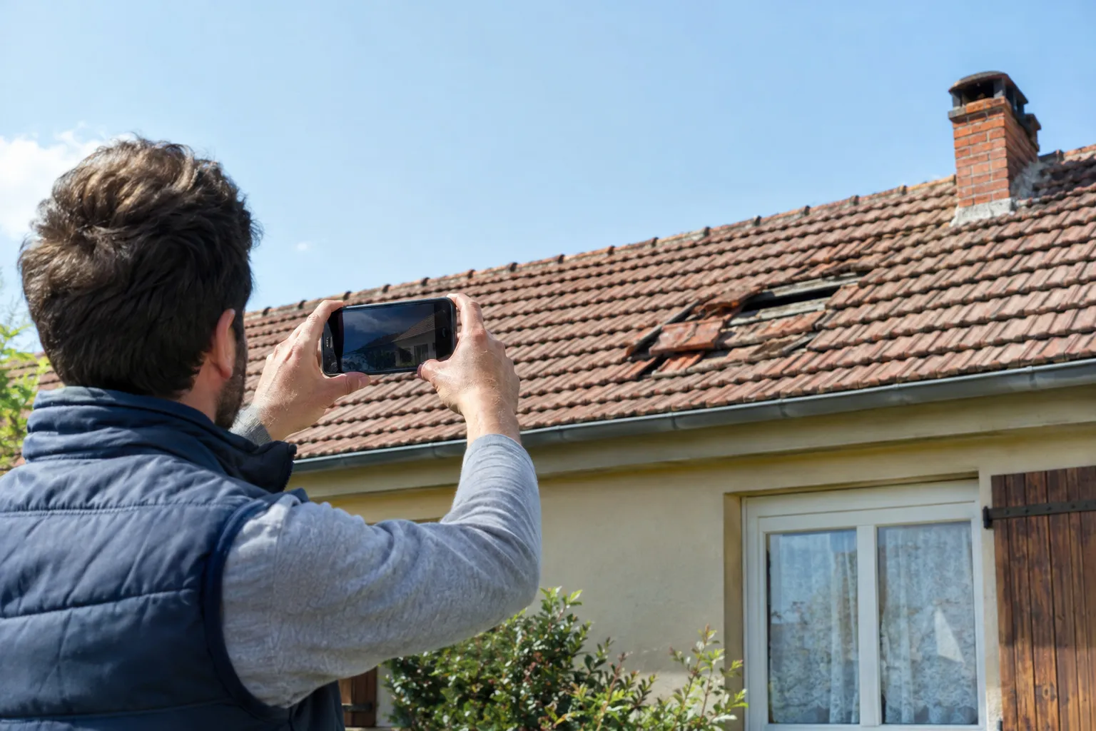 Un propriétaire photographie sa toiture avec un téléphone pour demander un devis