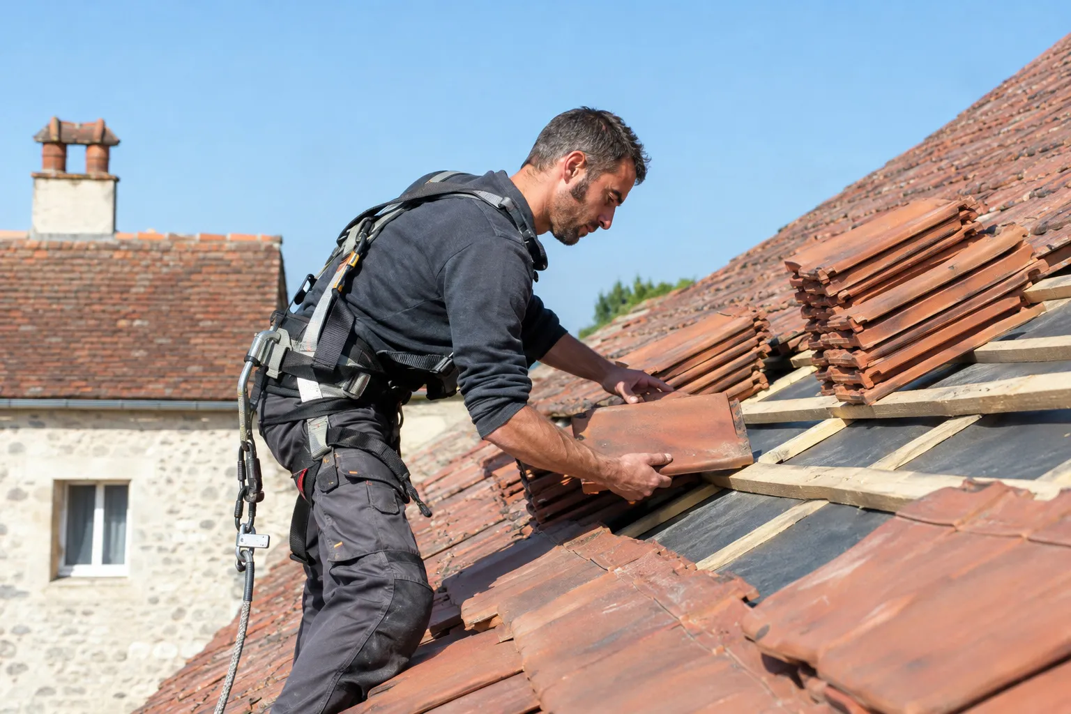 Notre couvreur remplace des tuiles sur une toiture, en sécurité