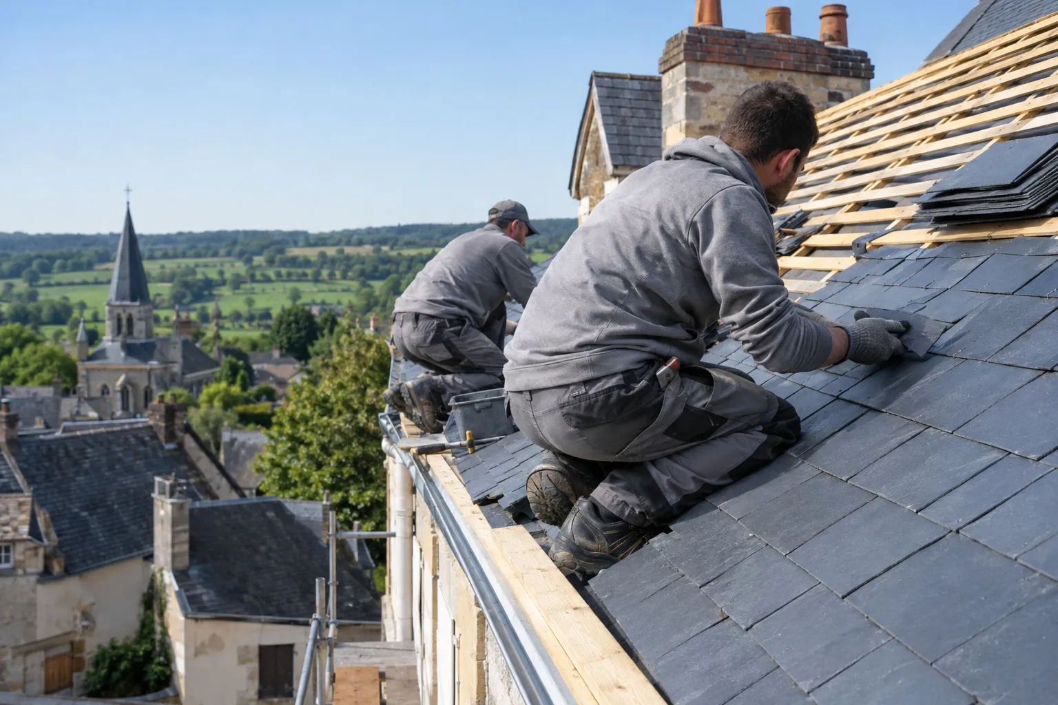 Deux couvreurs posent des ardoises neuves sur le toit d’une maison de bourg du Bourbonnais, clocher et bocage en arrière-plan.
