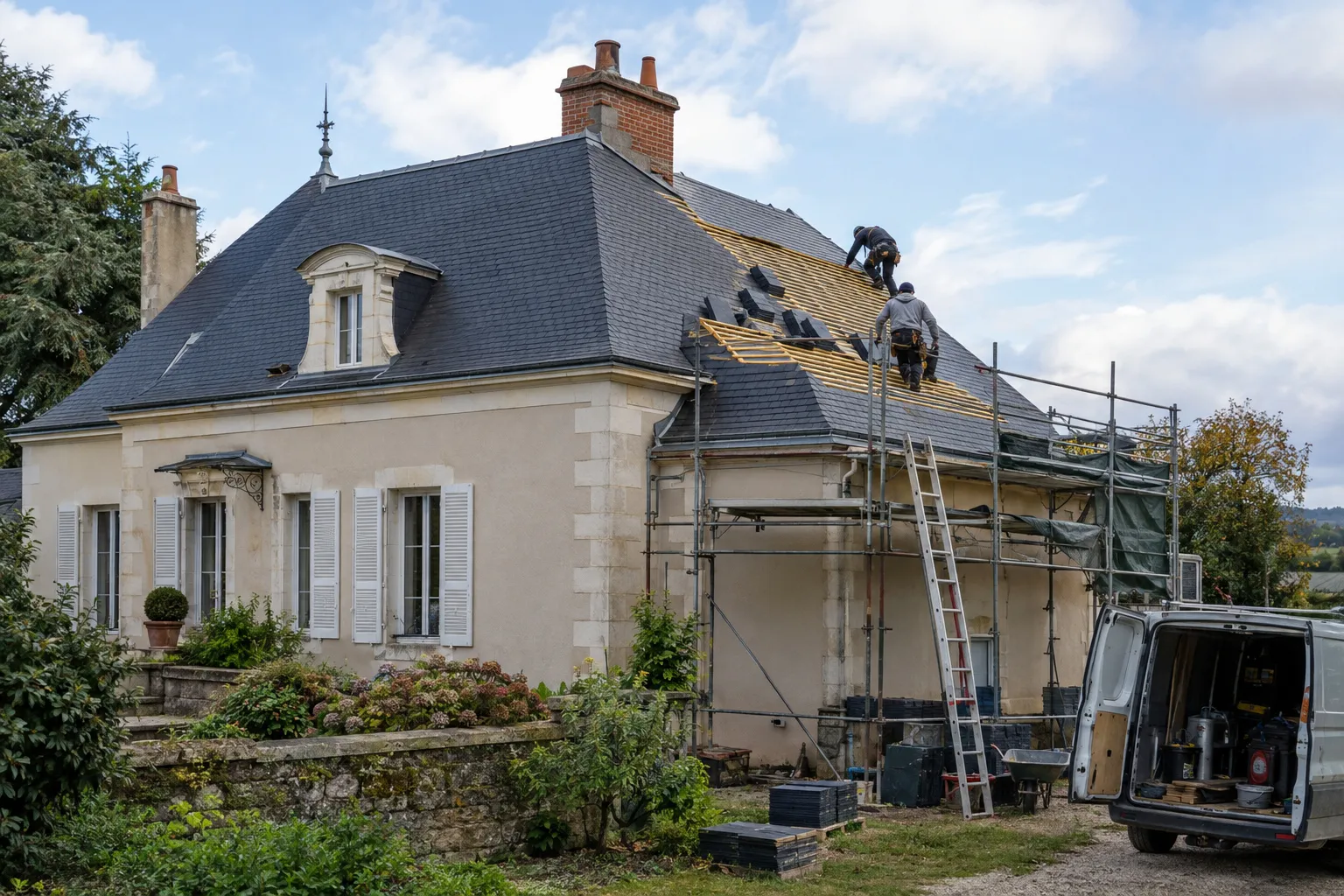 Maison de caractère de Néris-les-Bains avec toiture en ardoise, lucarne et zinguerie