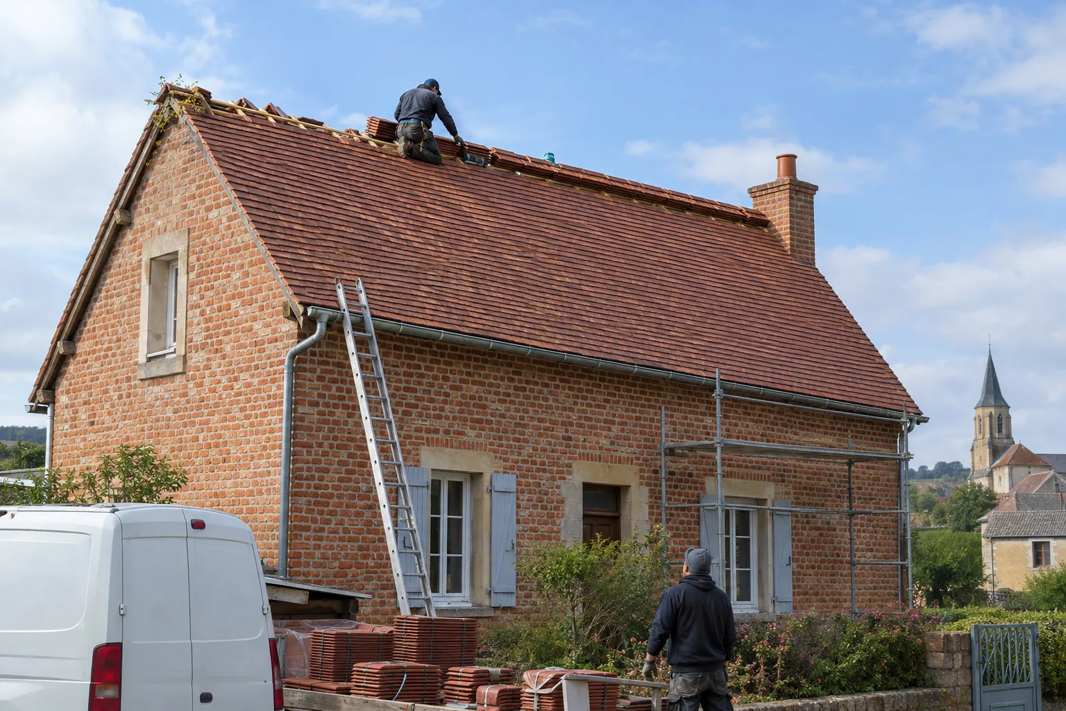 Toiture en tuiles d’une maison de faubourg à Commentry, avec faîtage et cheminée