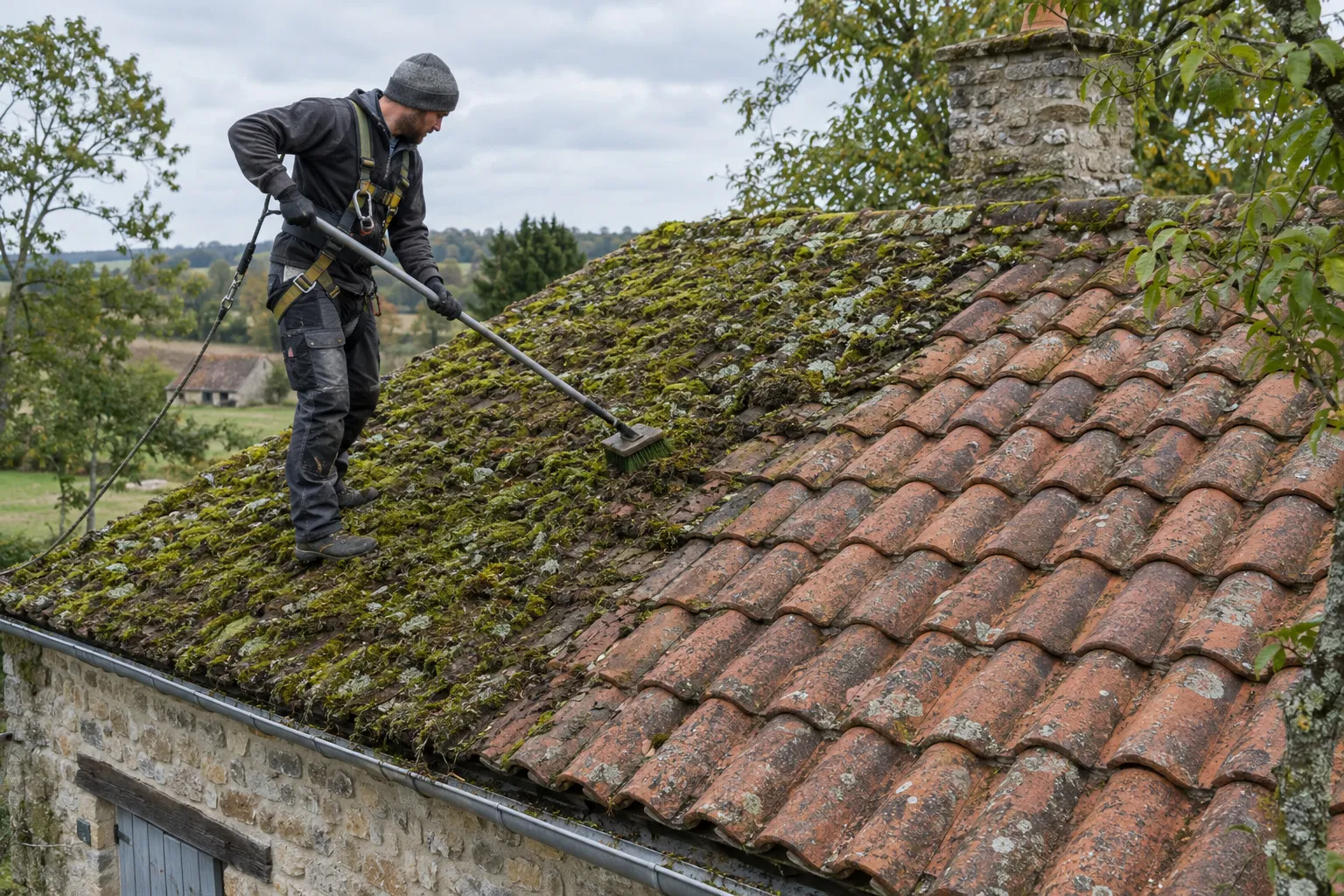 Un couvreur encordé brosse la mousse et les lichens d’un versant de tuiles canal sur une dépendance en pierre, la moitié du toit déjà nettoyée.