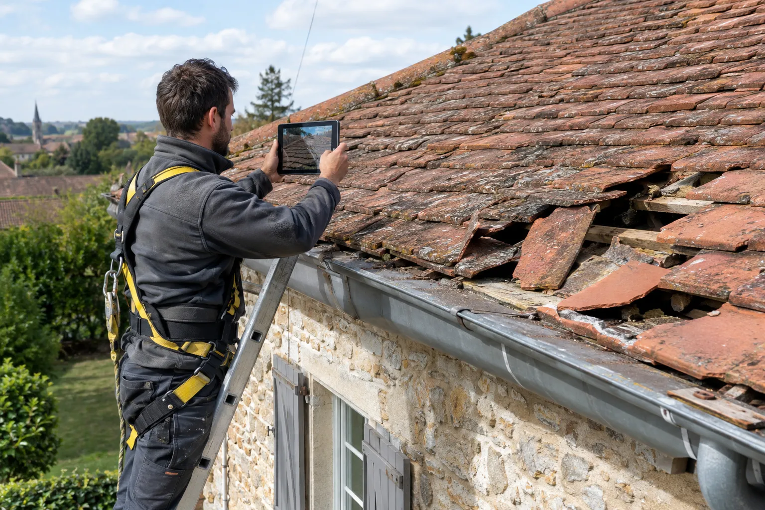 Couvreur sur une échelle photographiant avec une tablette des tuiles brisées à l’égout d’une maison en pierre