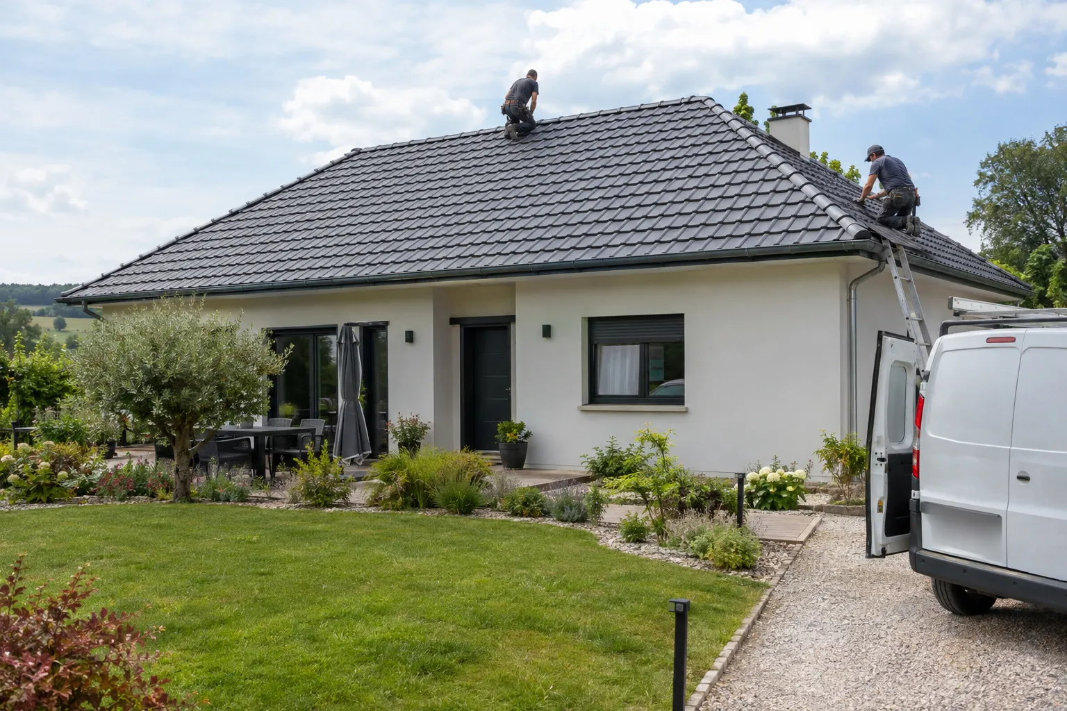 Un pavillon récent avec sa toiture de tuiles mécaniques terminée et un jardin soigné.