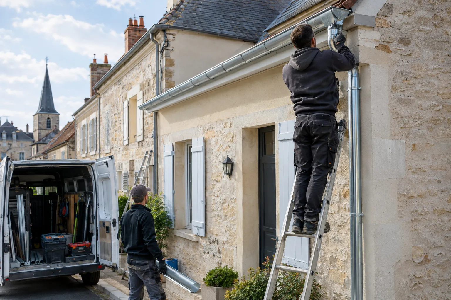 Des gouttières en zinc neuves et leurs descentes sur la façade d’une maison de ville restaurée.