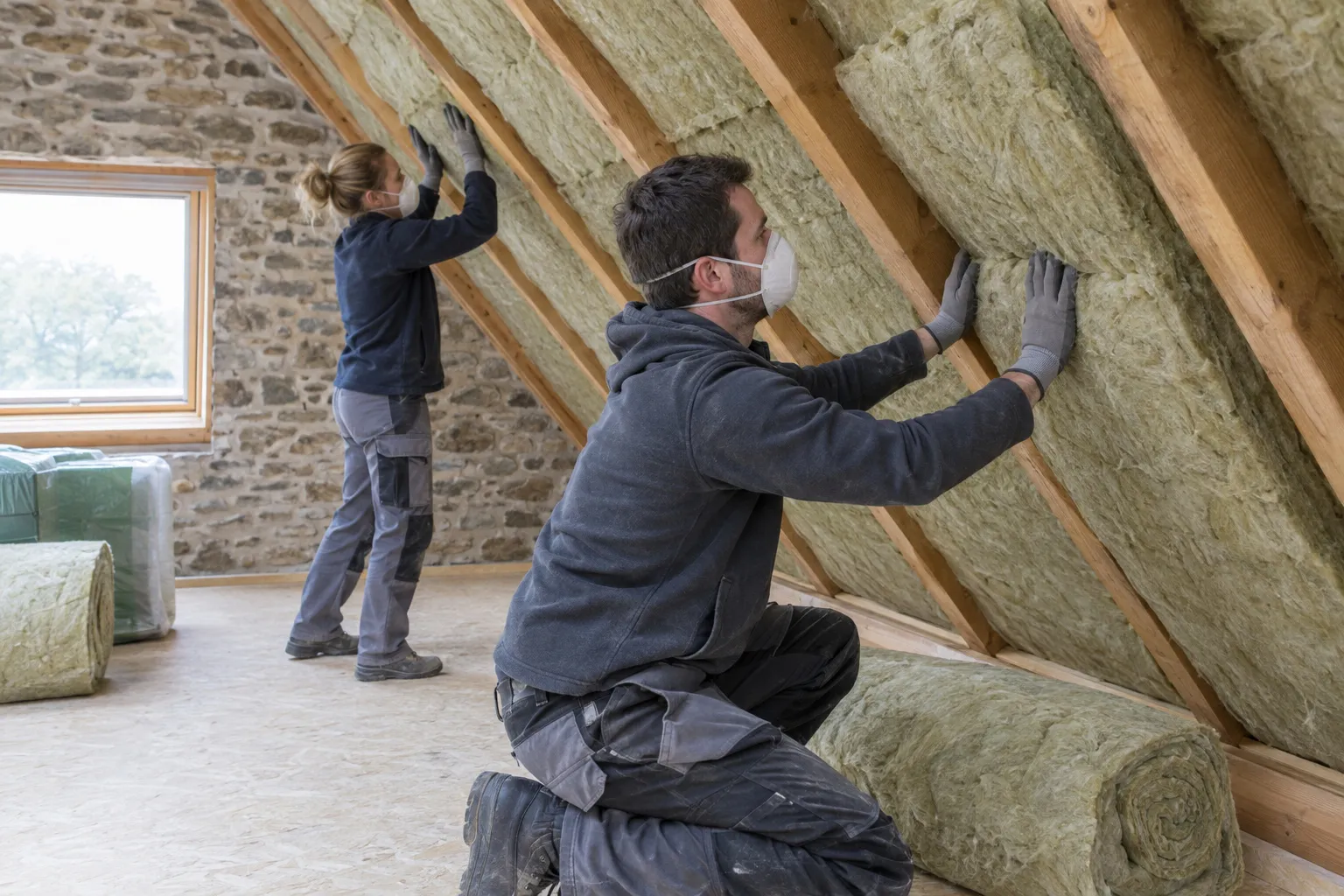Deux artisans posent des rouleaux de laine minérale entre les chevrons d’un rampant de combles aménagés dans une maison en pierre.