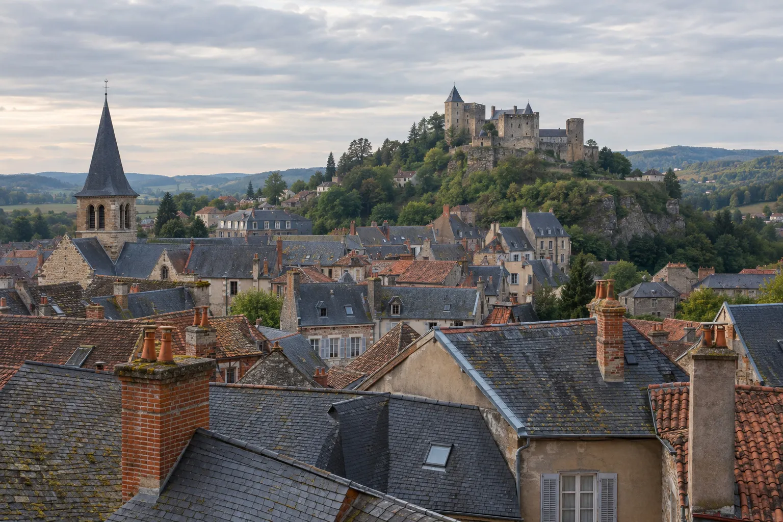 Toits d’ardoise et de tuiles du vieux Montluçon vus depuis les hauteurs de la ville, le château des ducs de Bourbon en arrière-plan.