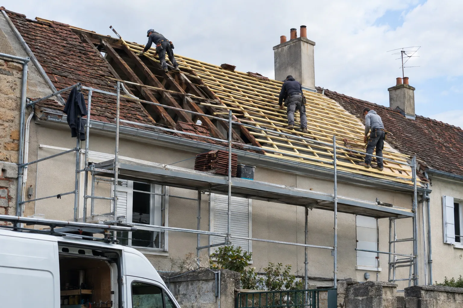 Couvreurs en train de poser des liteaux neufs sur une charpente mise à nu après la dépose de l’ancienne couverture.