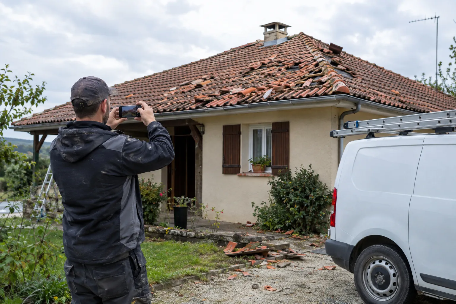 Pavillon aux tuiles brisées et déplacées après un orage de grêle, bâche posée sur une partie du toit.