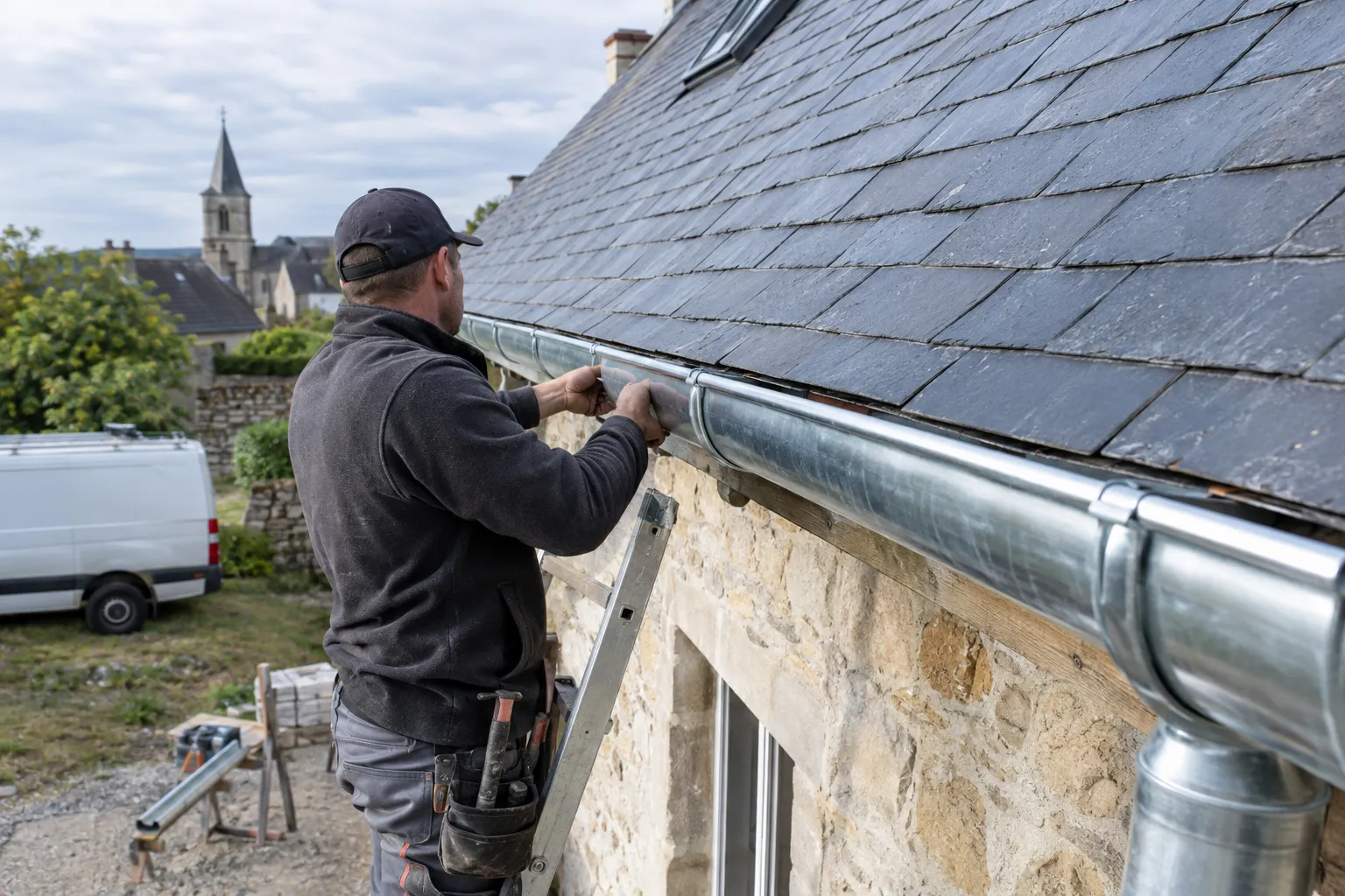 Couvreur-zingueur fixant une gouttière en zinc sur l’égout d’un toit d’ardoises, descente en zinc contre un mur de pierre.